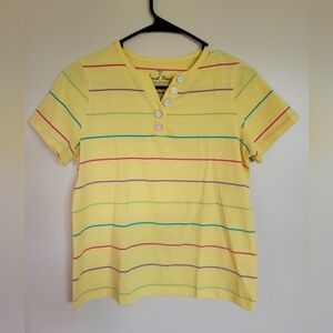 Coral Bay Women's Petite Yellow Multi Colored Stripe Button Collar Tee